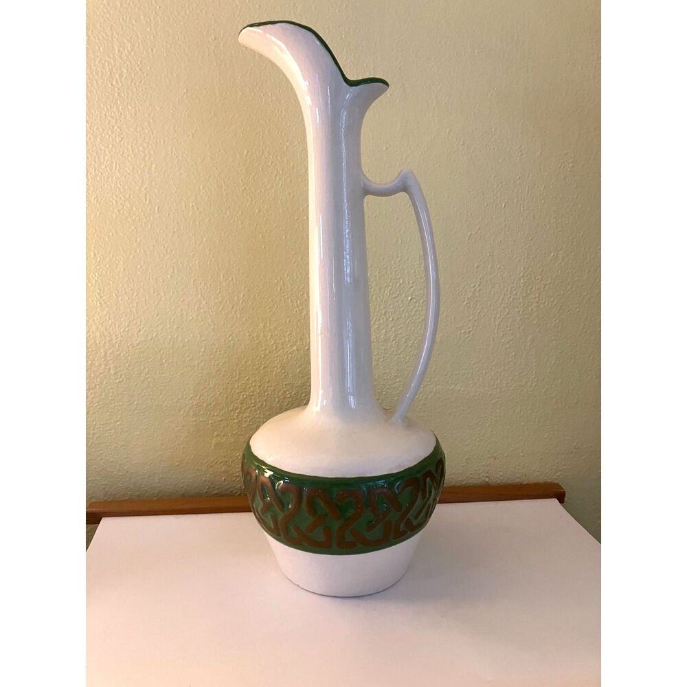 Vintage green & white tall pitcher